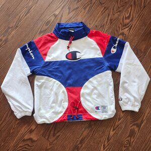 Champion unisex Pullover Warm Up Hoodie Red White Blue Fully Lined Mock Neck S